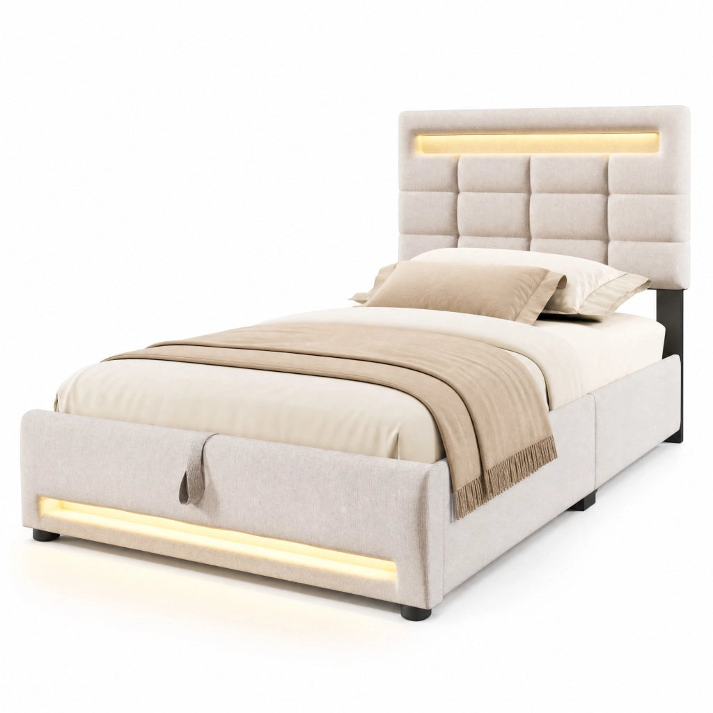 Letto imbottito 90x200 cm in lino beige con LED APP; USB e contenitore idraulico