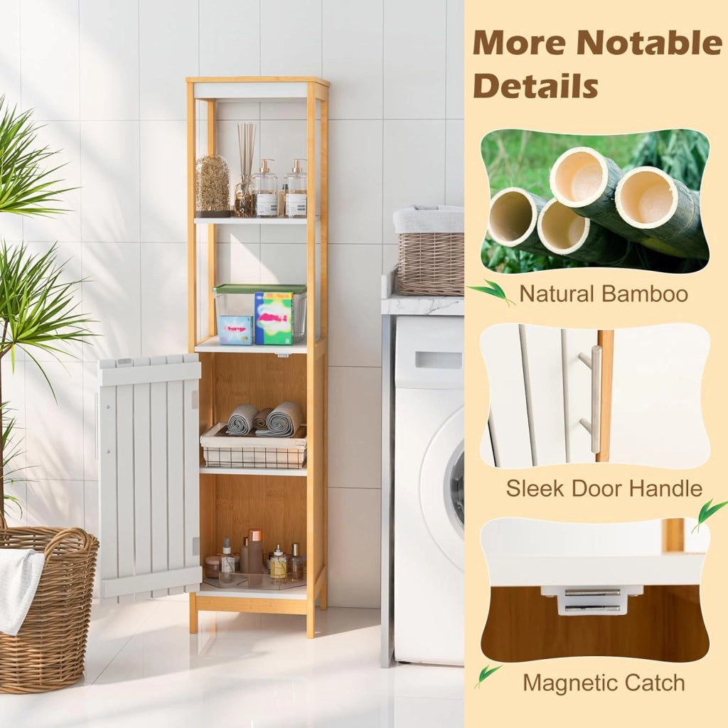 Armadio da bagno in bambù, mobile indipendente con porta, scaffale regolabile e ripiani aperti, torre della biancheria sottile e stretta, per bagno, ripostiglio, cucina