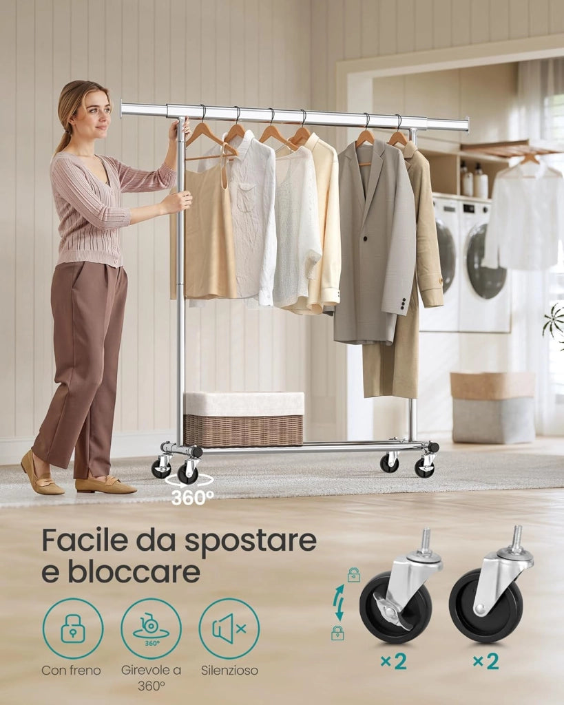 SONGMICS Stand Appendiabiti con Set di 20 Grucce in Legno, Appendiabiti con Rotelle, Asta Estensibile, Gancio Girevole a 360°, Colore Argento e Naturale HSW013S01