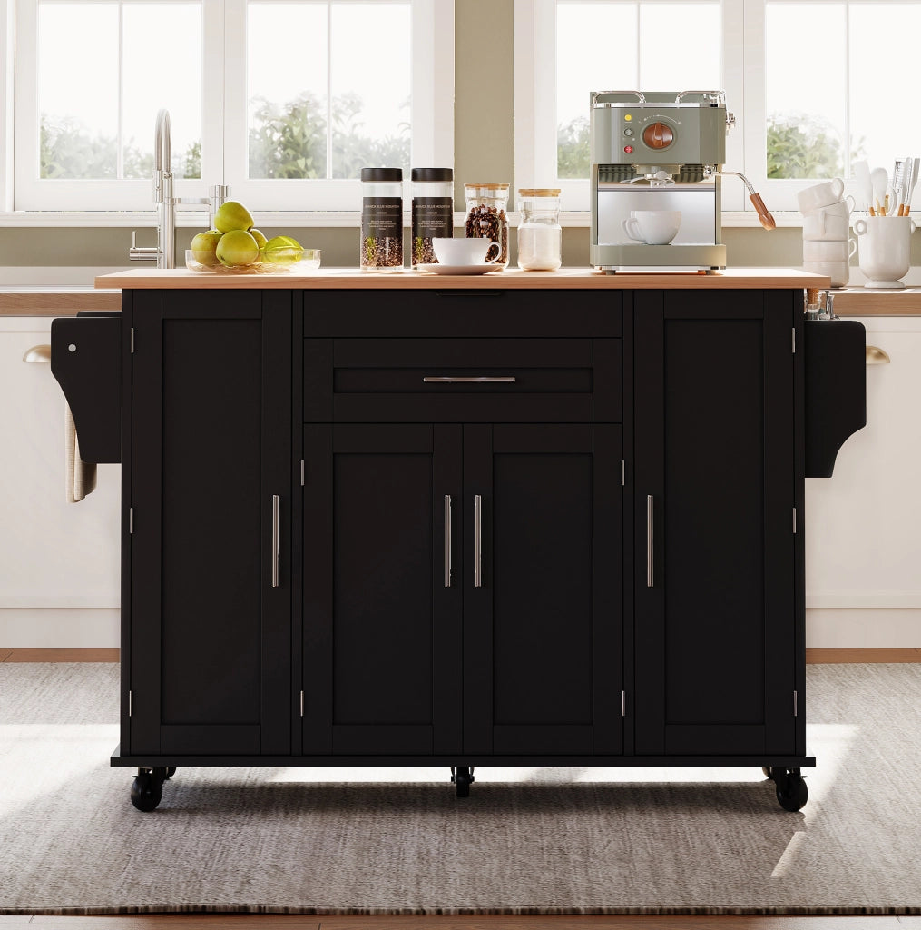 Isola da cucina mobile 136x70x92 cm con piano estraibile; cassetto nascosto; MDF nero e naturale