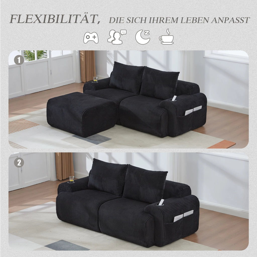 Divano modulare 2 posti con pouf, portabicchieri e tasca laterale in tessuto corduroy nero 200 × 174 × 80 cm