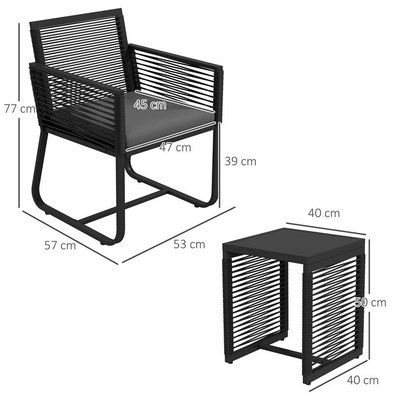 SET DA GIARDINO IN RATTAN CON 2 POLTRONCINE CON CUSCINI E TAVOLINO DA CAFFÈ IN VETRO, NERO