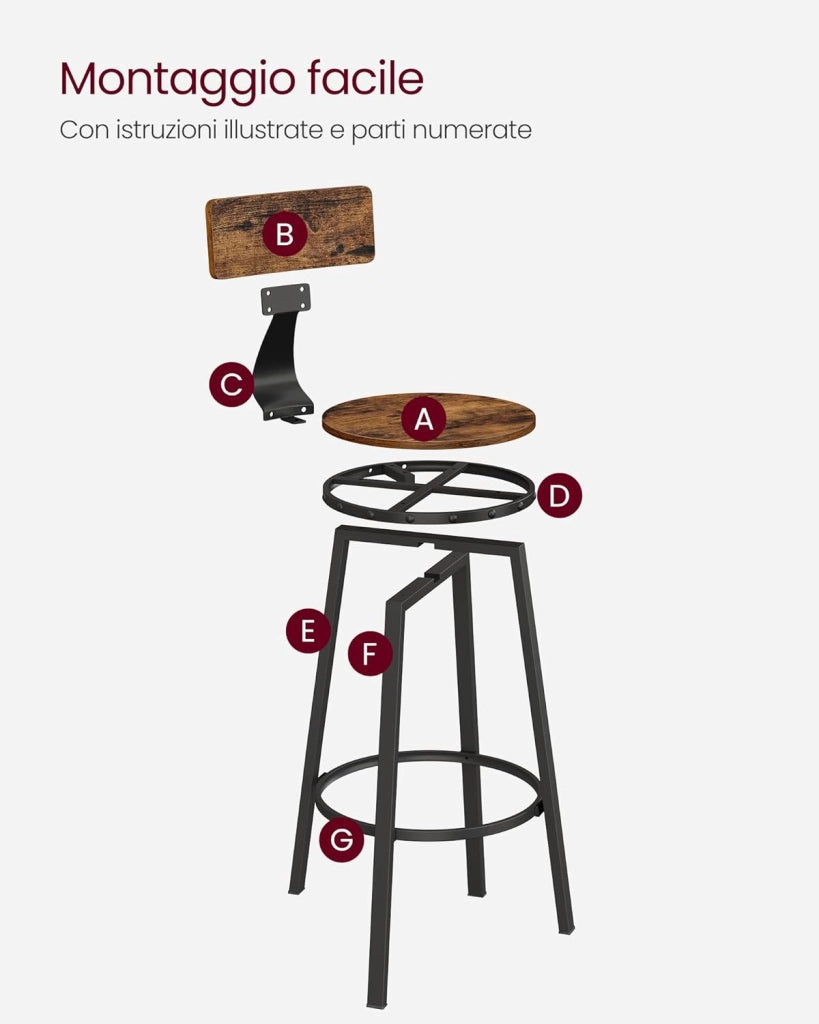 VASAGLE Set di 2 Sgabelli da Bar, Sedie da Cucina, con Schienale, Struttura in Acciaio, Altezza di Seduta di 73 cm, Montaggio Facile, Stile Industriale, Marrone Vintage e Nero LBC026B01V1