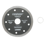 Disco diamantato turbo 115x22.23x1.35 mm, velocità massima 13.300 giri/min, taglio a umido/asciutto per pietra e piastrelle ceramiche, Crownman.