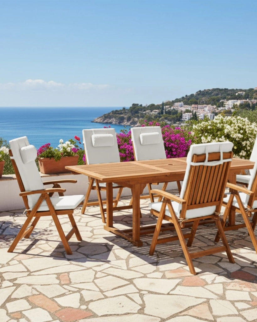 Set di 6 sedie da giardino in legno di acacia chiaro con cuscini bianco sporco pieghevoli resistenti ai raggi UV stile rustico