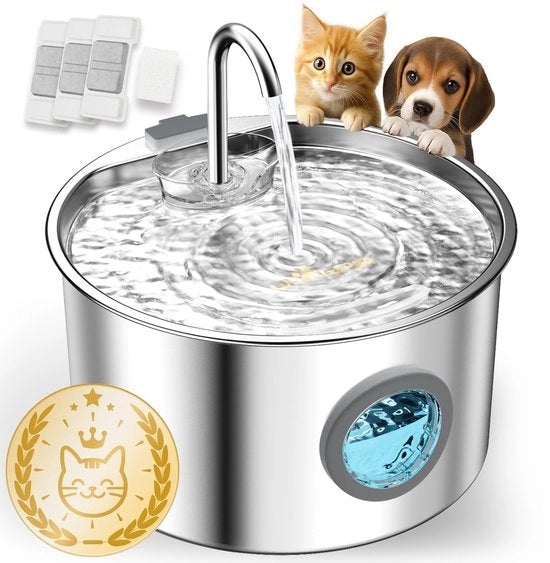 Fonteino per gatti in acciaio inossidabile 3,2L con livello d'acqua visibile Fonteino per gatti silenzioso con vetrino per osservare il livello dell'acqua in acciaio inossidabile con luce LED