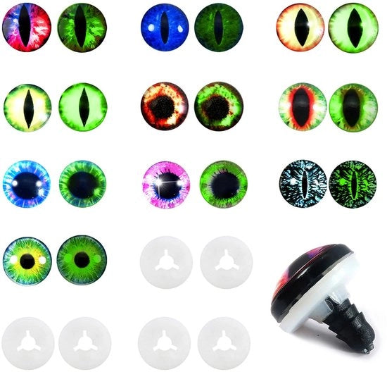 Occhi di Sicurezza in Vetro 10 mm - Occhi Led Sferici - 20 Pezzi - Con Anelli di Chiusura - Per Attività di Fai da Te e Giochi