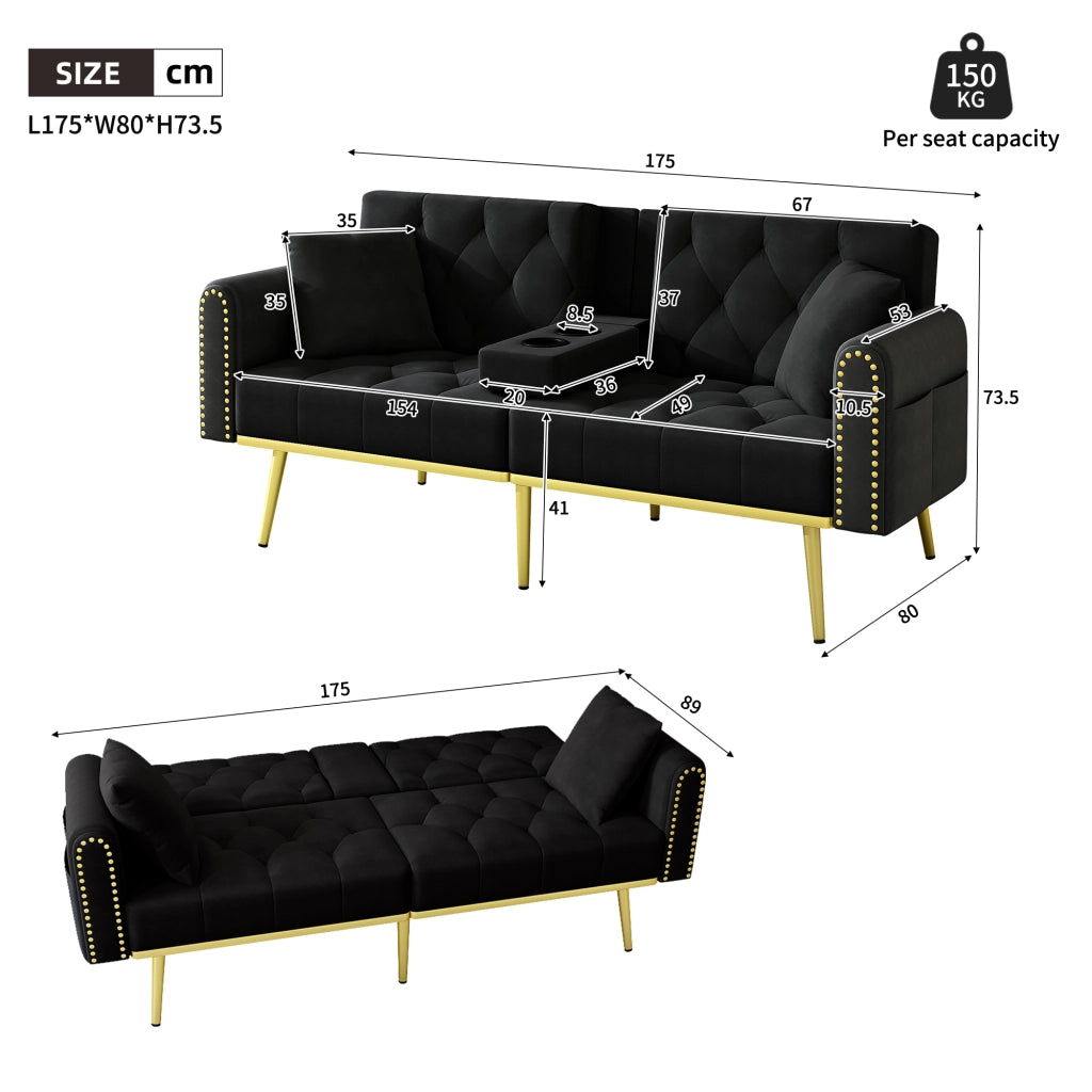 Divano letto in velluto con schienale regolabile, portabicchieri e cuscini, nero 175 × 80 × 73,5 cm