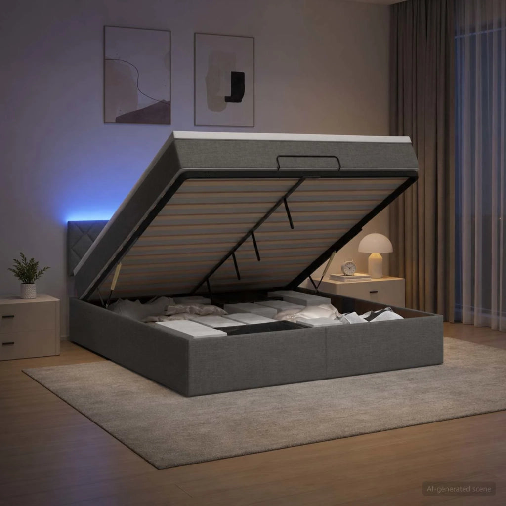 Letto Ottomano con Materasso e LED Grigio Scuro 140 x 190 cm 3456989