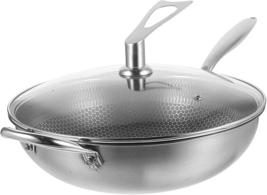 Wok in Acciaio Inossidabile con Coperchio – Frittiera Profonda a Struttura di Miele – Tradizionale Wok per Piani Cottura