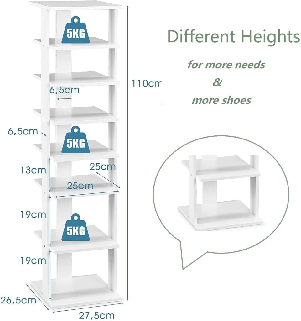 Scarpiera da Ingresso, Portascarpe a 7 Ripiani, Scaffale per 7/14 Scarpe, Stretto e Compatto per Salvaspazio, 2 Size di 27,5x26,5x110 cm e 45x25x110 cm (Bianco, M)