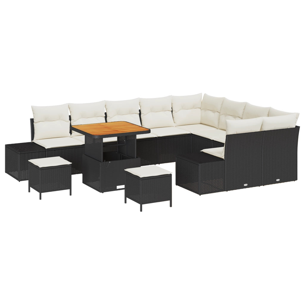 Set di Divani da Giardino  con Cuscini Neri in Polyrattan e Acacia