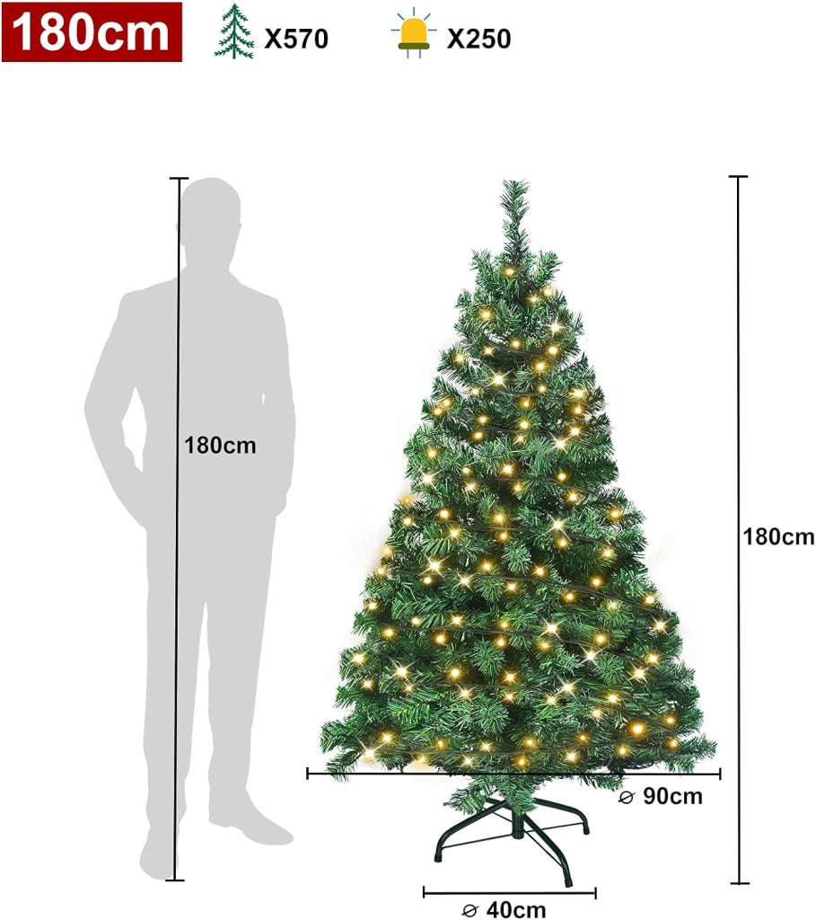 Albero di Natale artificiale con illuminazione, 180 cm, in PVC, artificiale, con 250 LED e supporto, decorazione natalizia, verde
