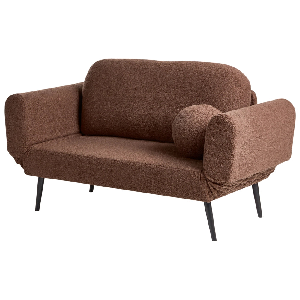 Divano letto con funzione letto cuscino rotondo rivestimento in bouclé gambe in ferro per soggiorno o camera da letto color marrone