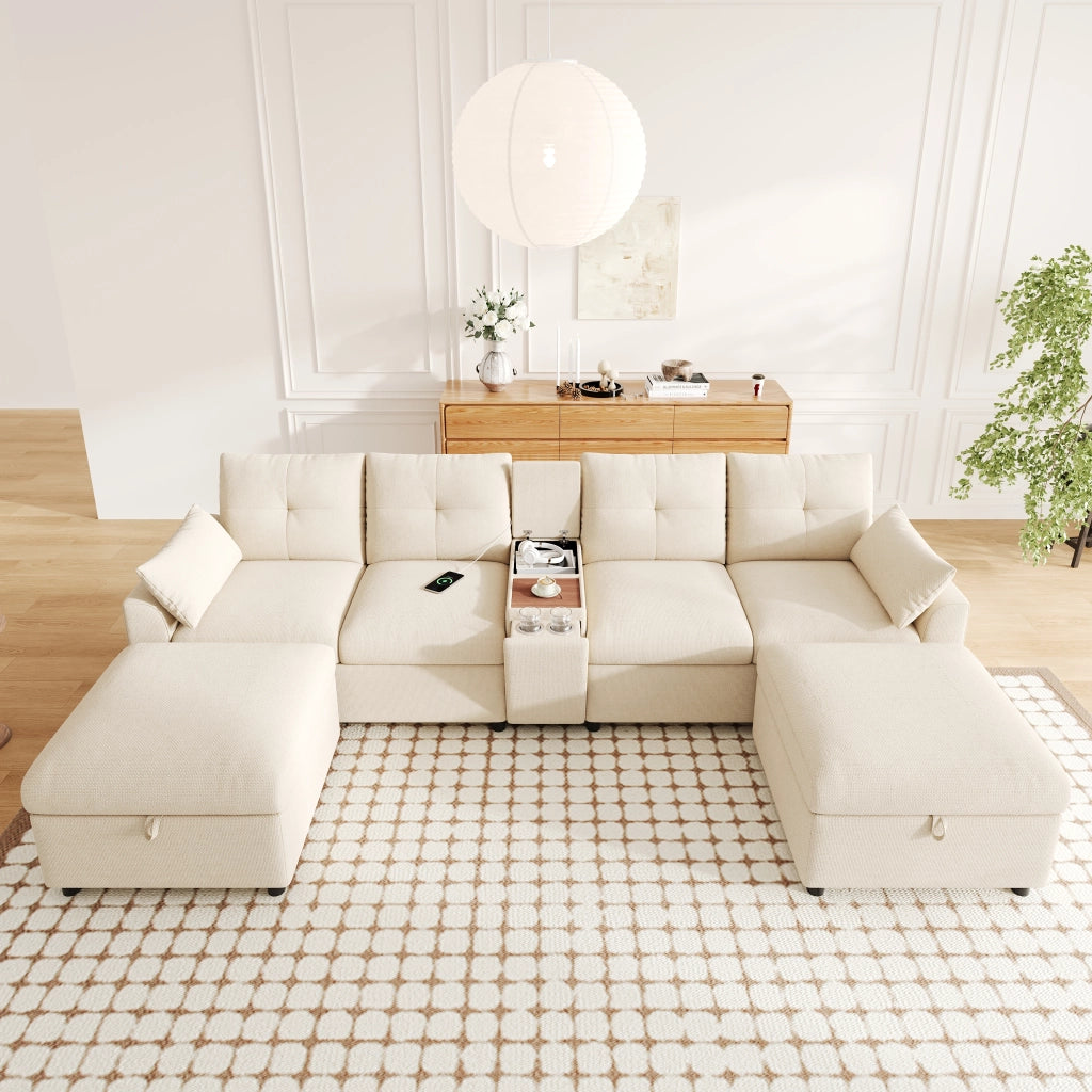 DIVANO ANGOLARE MODULARE U/L 316x140x84,5 cm Chenille Beige con 2 pouf contenitore