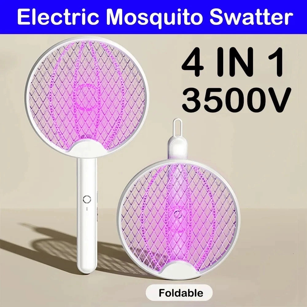Trade Shop - Racchetta Elettrica Pieghevole Ricaricabile Trappola Zanzara Insetti 4 In 1 Con Luce Uv -