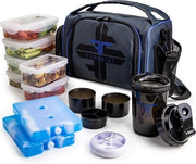 Borsa di preparazione per pasti - Isolata con 6 contenitori di controllo porzione alimentare - Libera da BPA - Adatta per forno a microonde e congelatore - contenitore agitatore scatola per pillole cinturino e tasca di stoccaggio (Blu)