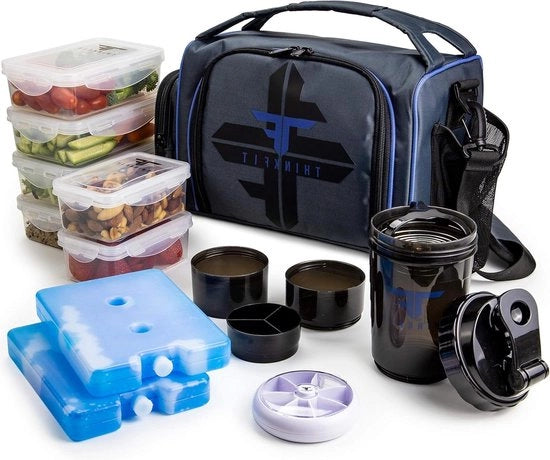 Borsa di preparazione per pasti - Isolata con 6 contenitori di controllo porzione alimentare - Libera da BPA - Adatta per forno a microonde e congelatore - contenitore agitatore scatola per pillole cinturino e tasca di stoccaggio (Blu)