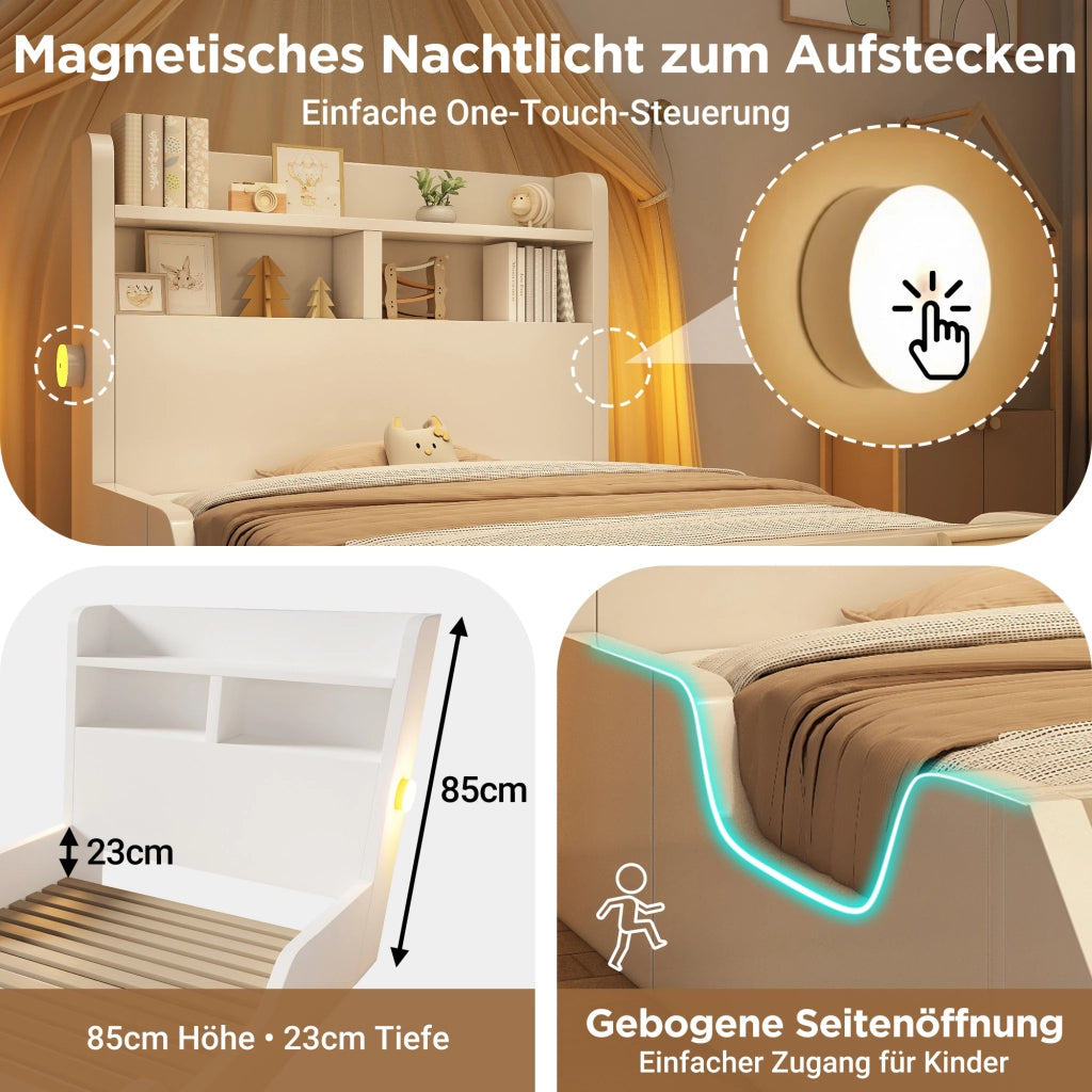 LETTO Singolo 90x200 cm Bianco con ripiani, libreria e luci notturne