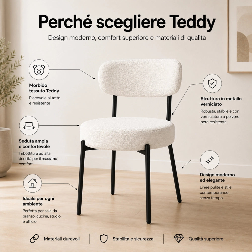 Set 4 Sedie da Pranzo con Gambe Metallo e Seduta Tessuto Teddy Imbottita Crema