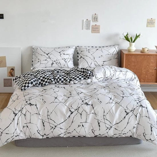 Set di copriletto in marmo, 3 pezzi, copriletto a marmo nero e bianco, set di copriletto a marmo reversibile per un letto singolo, 1 copriletto 220 x 240 cm e 2 copri cuscino 80 x 80 cm con microfibra