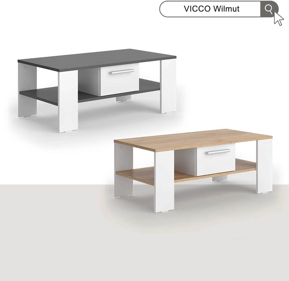 Tavolino Wilmut, Quercia dorata/bianco, 89.8 x 46.4 cm con cassetto, Superficie d’appoggio per riviste e telecomandi