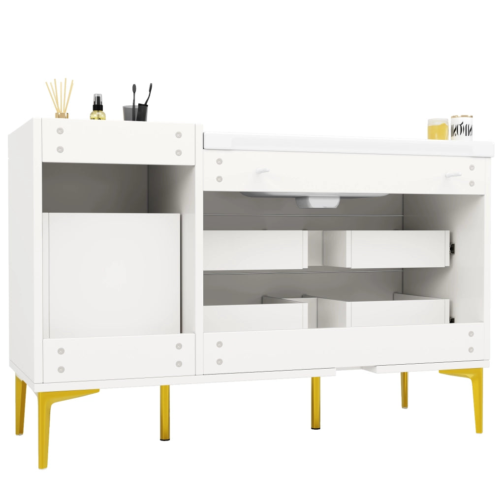 Mobile Bagno con Lavabo in Ceramica ¨C MINIMAL ¨C Bianco/Oro, Cassetti, Sottolavabo