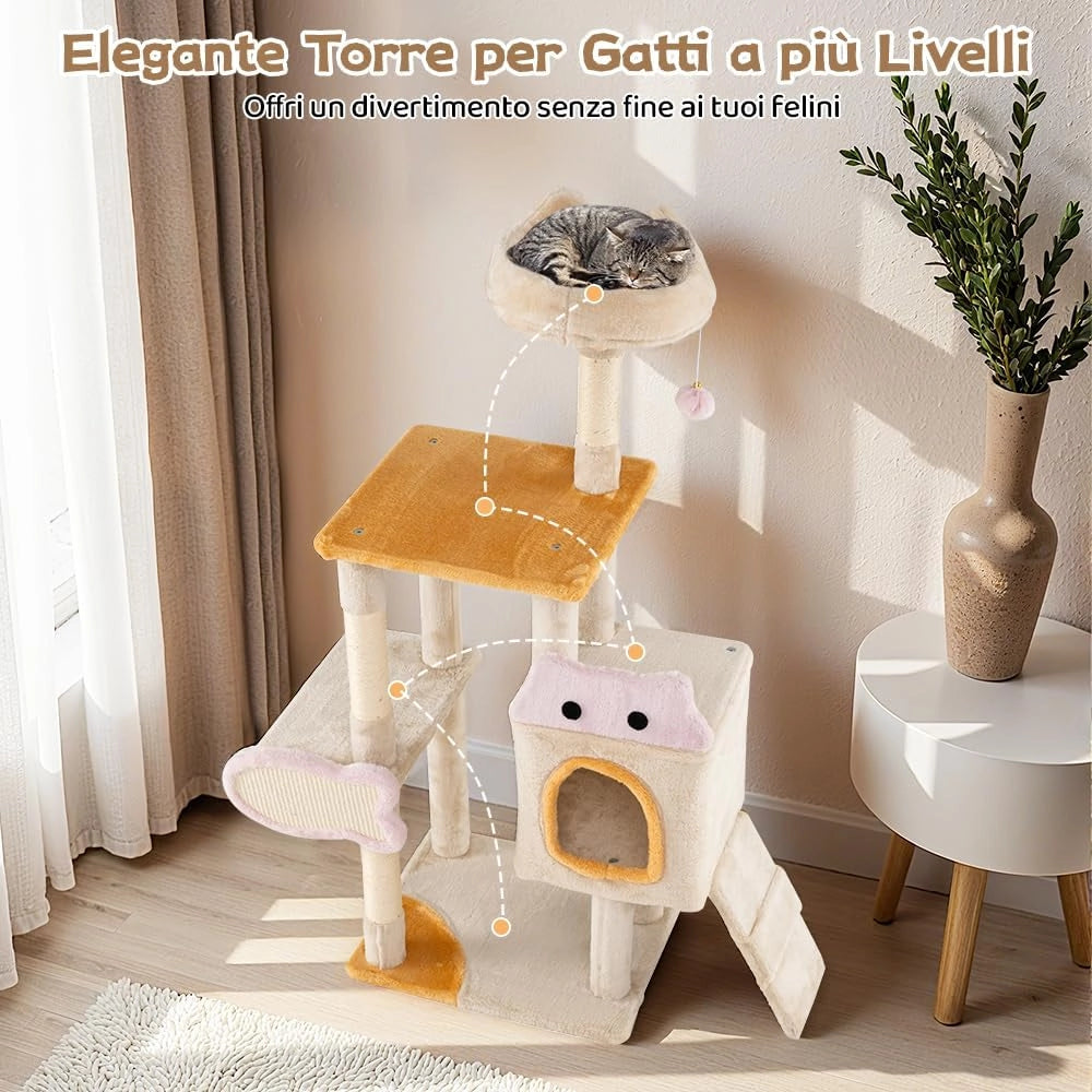 Albero per Gatti da Interno Alto 125 cm, Tiragraffi per Gatti a Più Livelli con Cuscino, Rifugio, Tiragraffi in Sisal a Forma di Pesce, Rampa, Pallina Pendente e Piattaforme