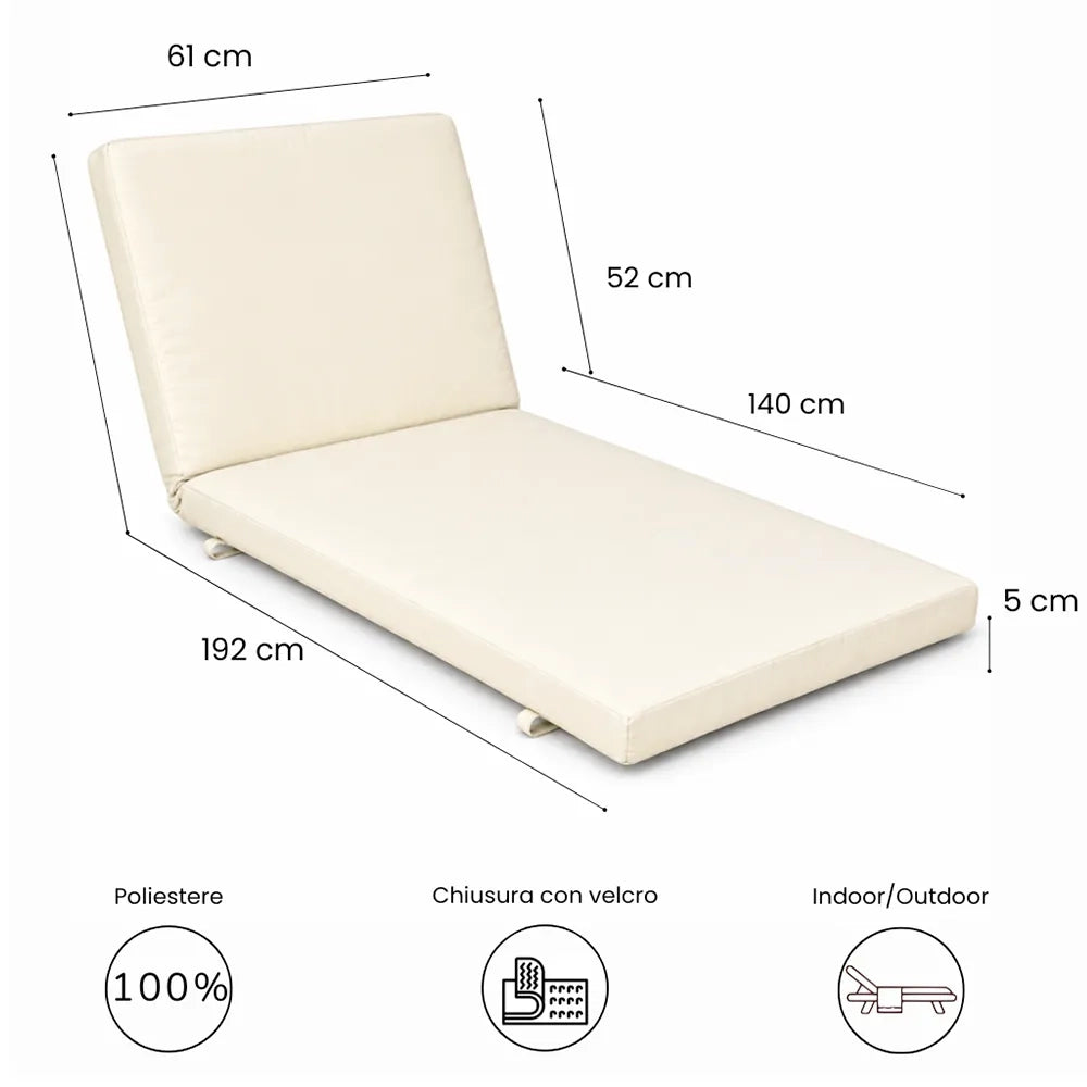 Cuscino per lettino da esterno 192x61 cm con schienale reclinabile e velcro in poliestere – Avorio