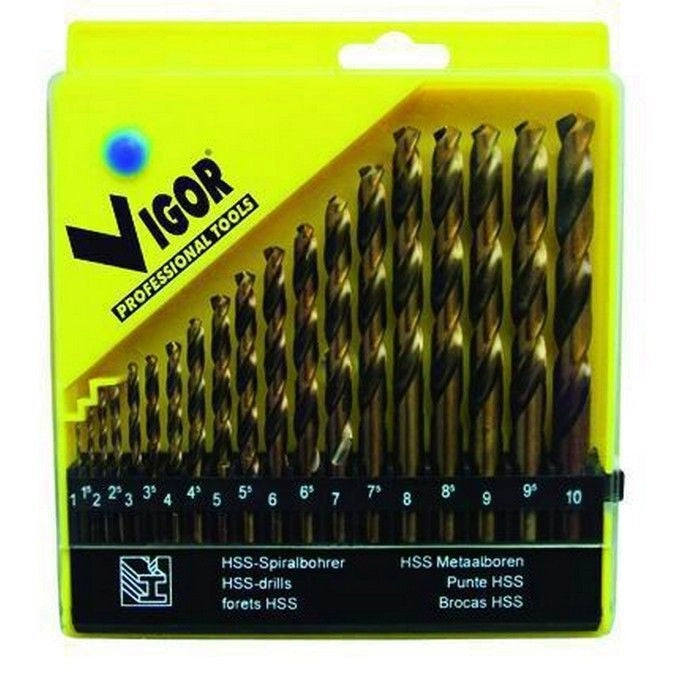 VIGOR 19875 Serie Punte HSS Cobalto 6% Punte per Foratura Metalli 19 pezzi Diametri 1-10 mm colore Nero