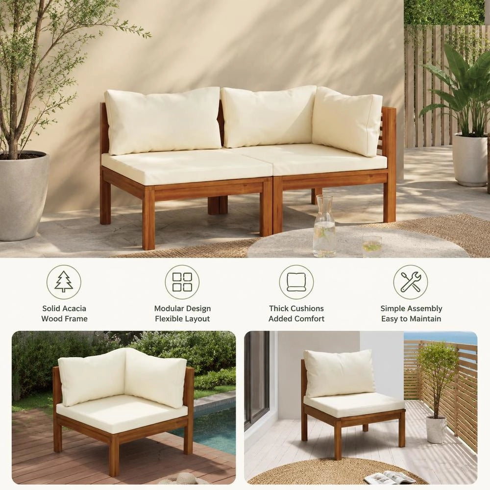 2-piece Sofa Set With Cream-white Cushions, Solid Acacia Wood