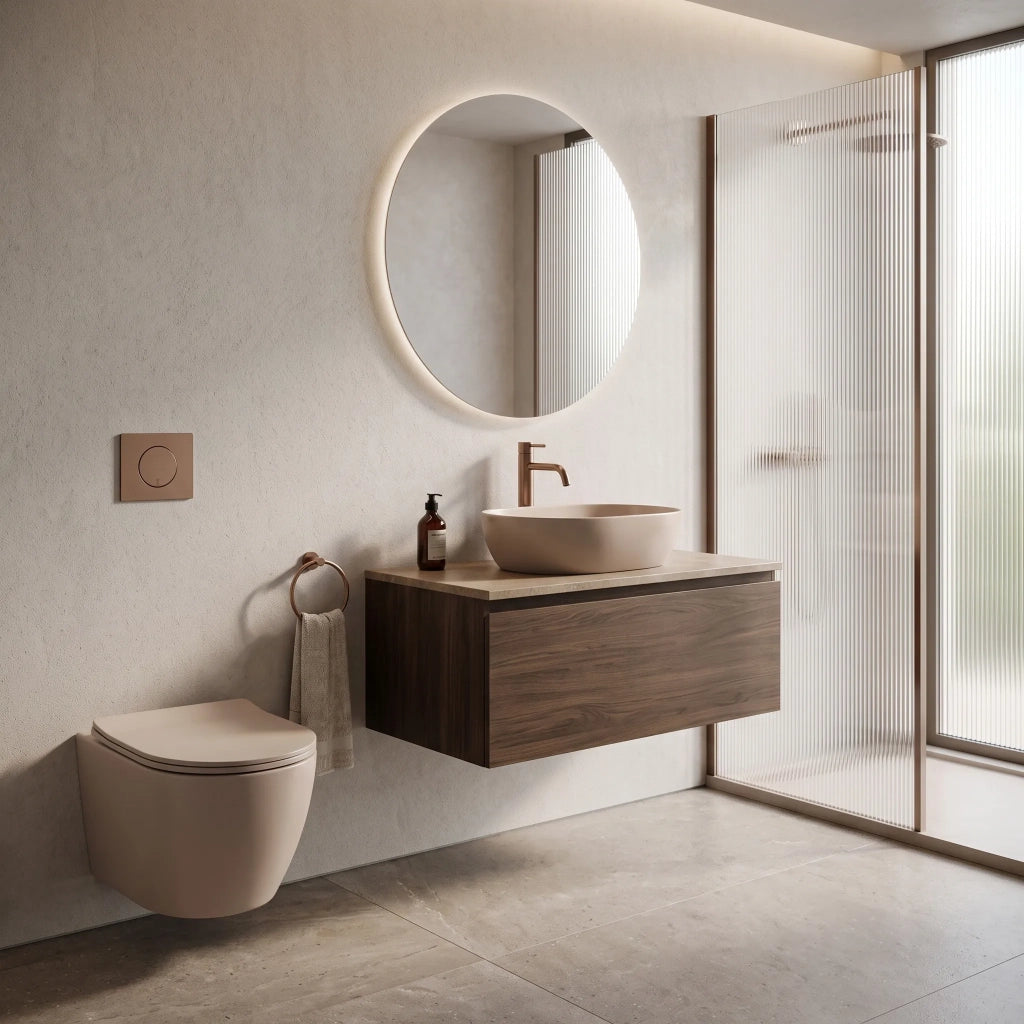 Set Wc Sospeso Focus + Lavabo Da Appoggio Rea Focus Taupe