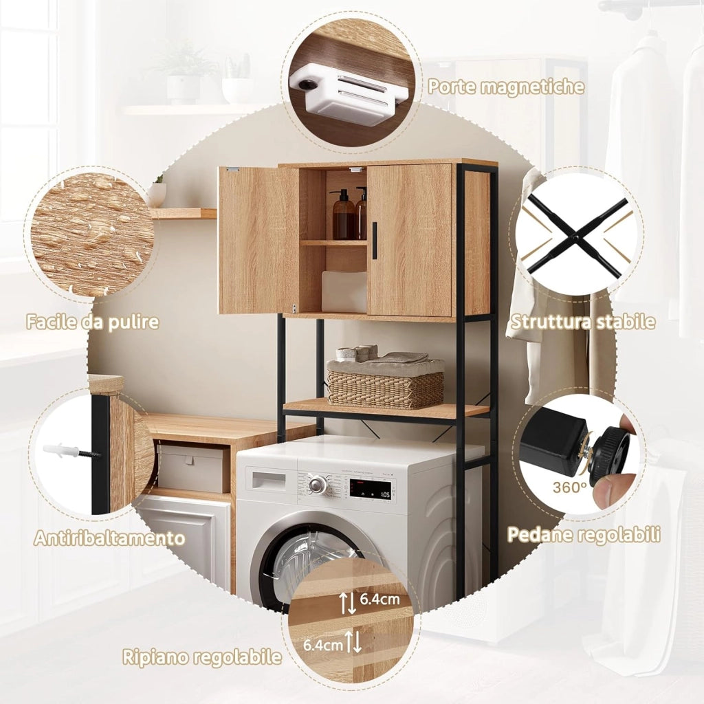 Scaffale Sopra Lavatrice, Mobile Sopra WC, Scaffale da Bagno, Armadietto con Ripiano Regolabile e Ante, per Lavanderia, in Legno e Metallo, Nero+Rovere Chiaro, 64,5x27x170cm