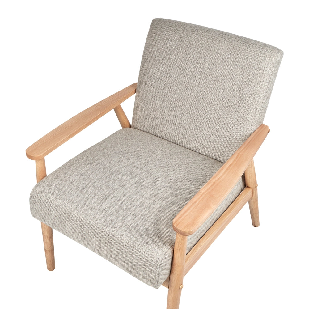 Poltrona da salotto con rivestimento in tessuto grigio con struttura in legno stile retrò