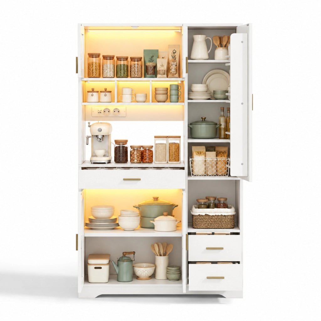 Colonna da cucina 105x40x185 cm in MDF bianco, stile rustico, con LED e prese