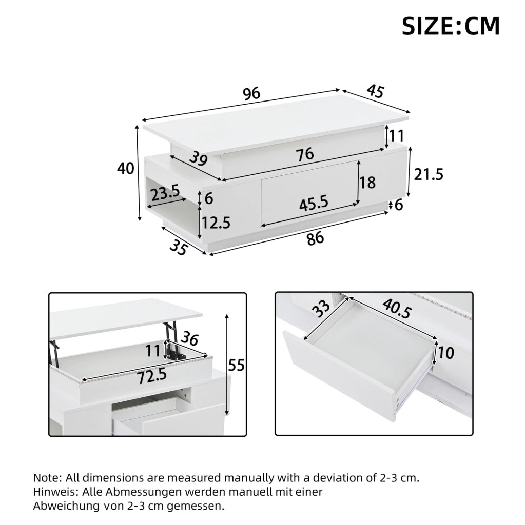 Tavolino elevabile con contenitore, cassetto e luci LED, bianco