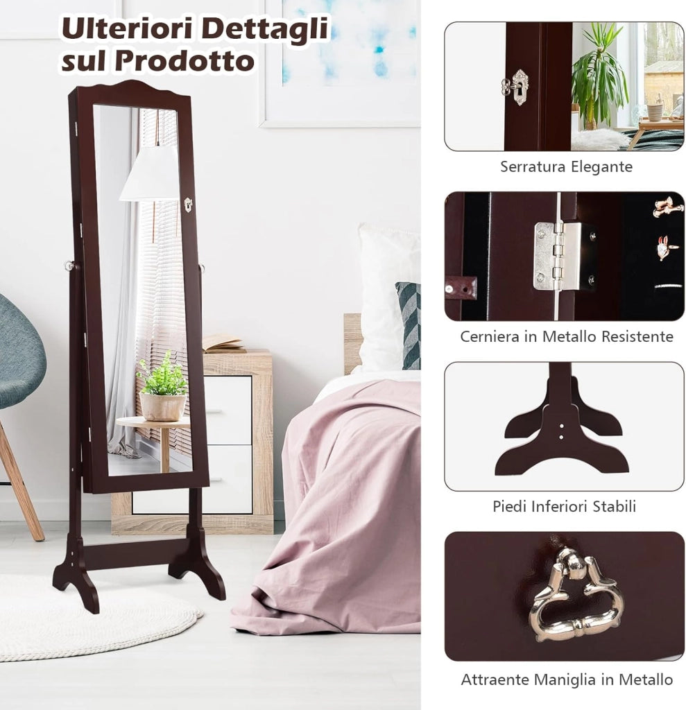 Armadietto Portagioie Specchiera per Gioielli con Chiave e Luci LED, Specchio Figura Intera da Terra, 160x41,5x37cm (Marrone)