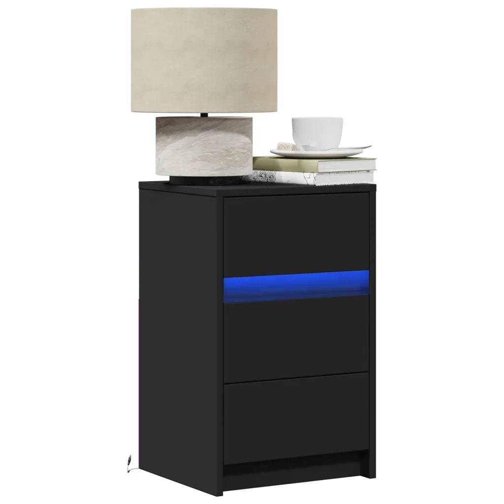 Comodino con Luci LED-Tavolino da notte Nero in Legno Multistrato 249260