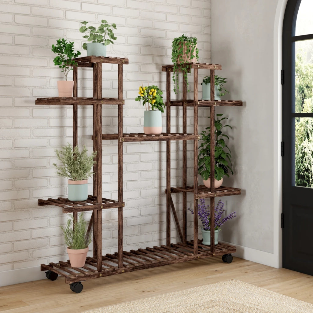 IDMarket - Estante para macetas de madera con ruedas - soporte para plantas