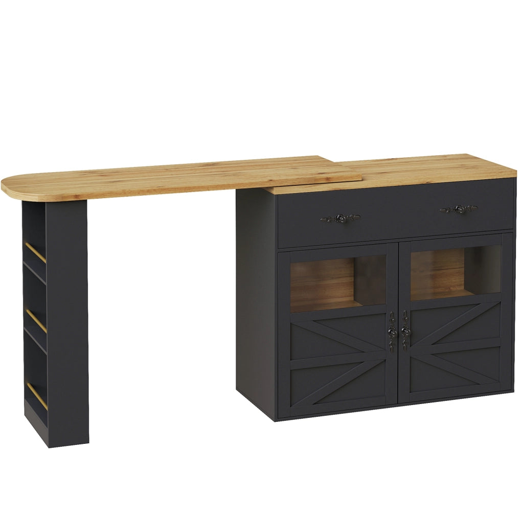 Tavolo bar 138-204x39x104 cm girevole con vani portaoggetti in MDF nero