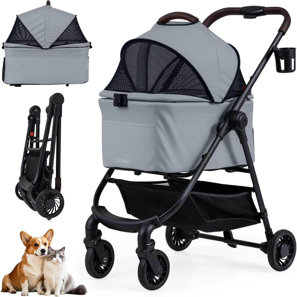 3-in-1 Passeggino per Cani, Carrozzina per Cani Rimovibile Fino a 15 kg con Tetto in Rete Regolabile, Cesto Portaoggetti e Cintura di Sicurezza, Passeggino Portatile per Cagnolino (Nero)
