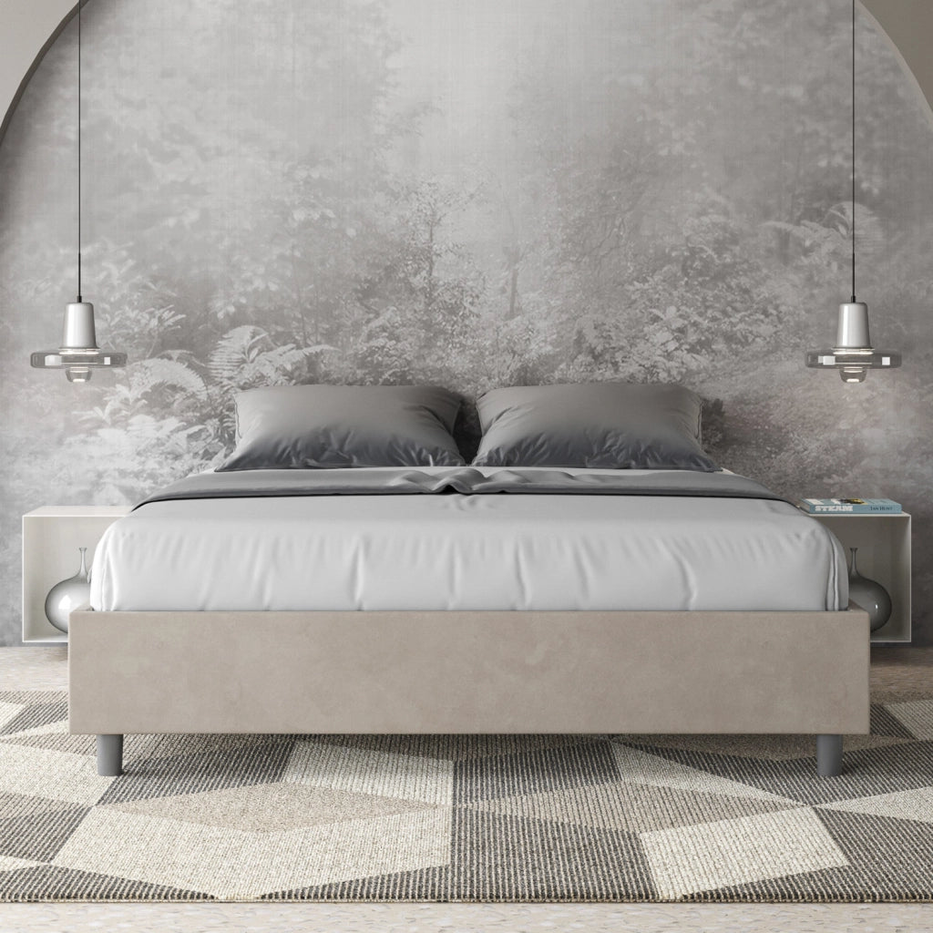 Letto Matrimoniale 160x210 cm con Rete e Contenitore Giroletto con Alzata Comoda Imbottito in Microfibra Azelia Sabbia
