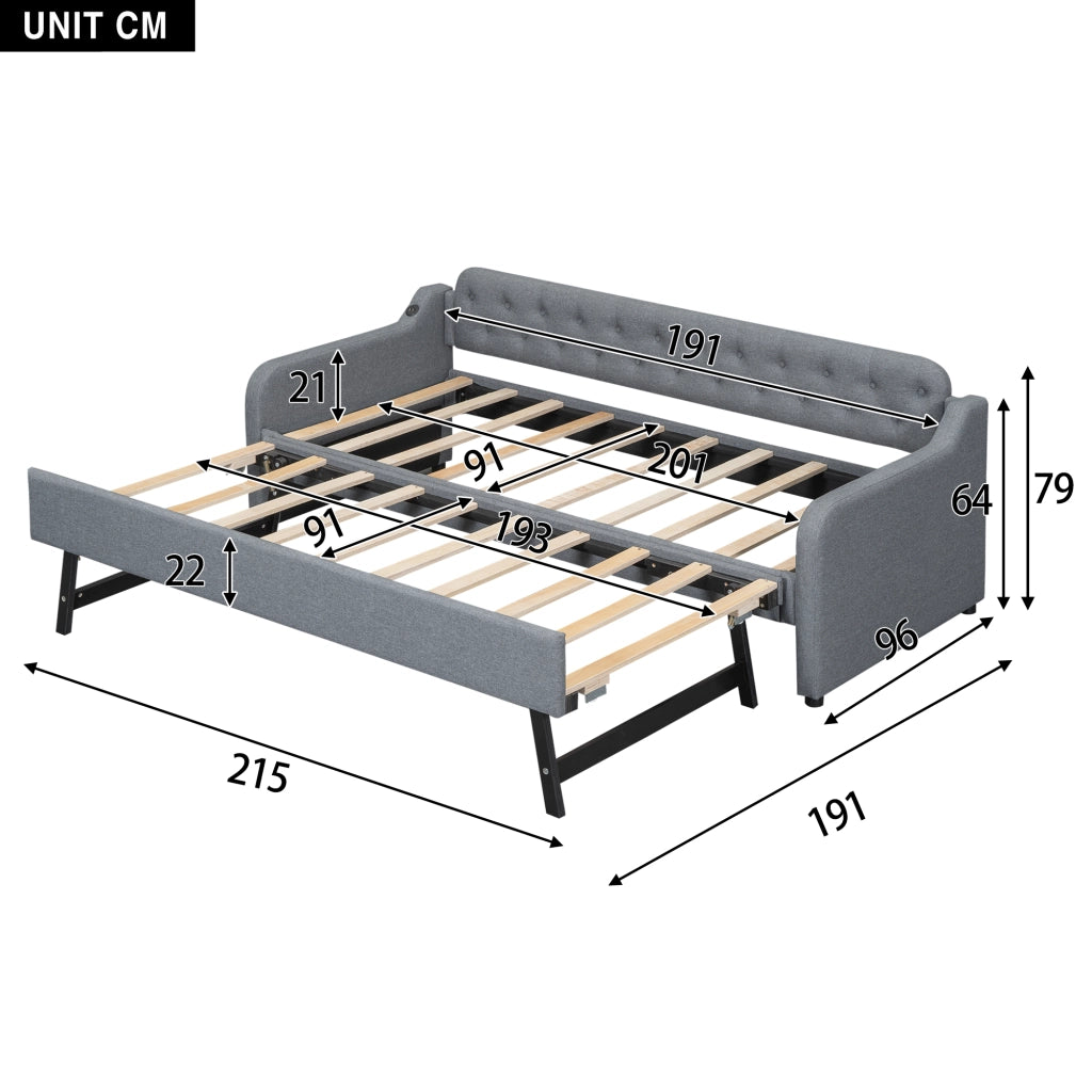 OKWISH Letto Divano 90×200 cm, Letto Singolo con Letto estraibile, USB e Presa, senza Materasso, in Lino, Grigio