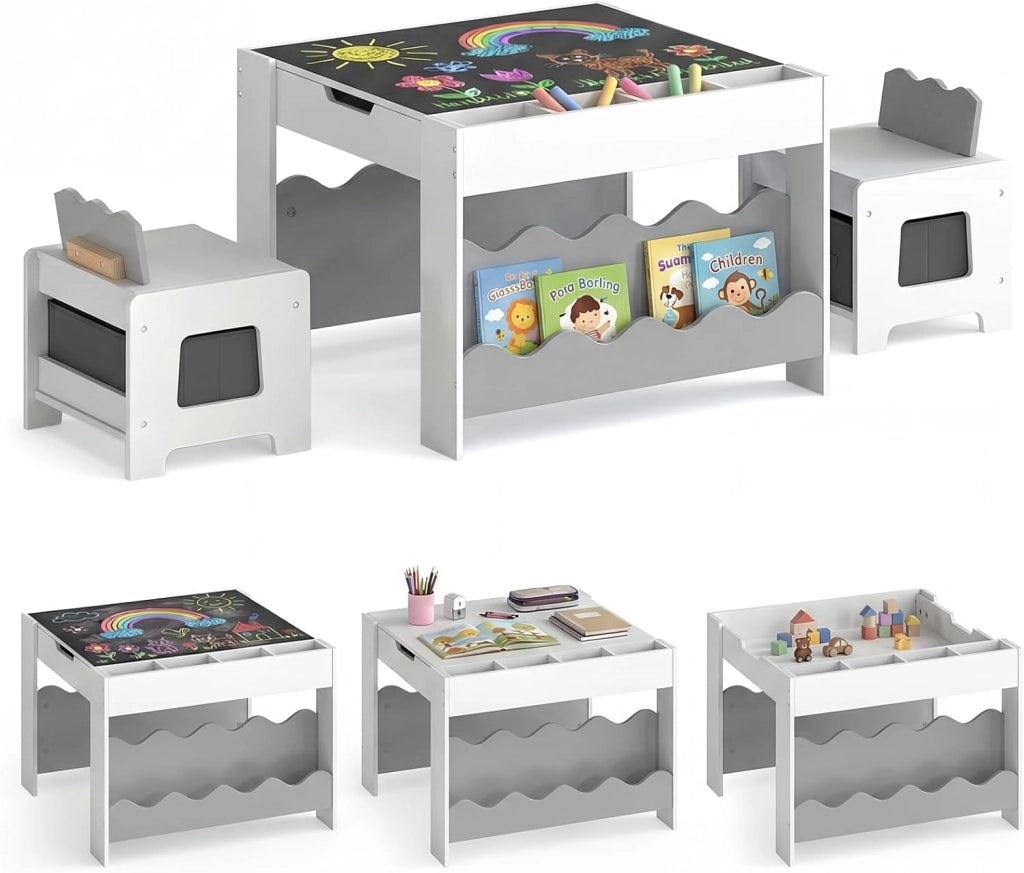 4 in 1 Set Tavolo e 2 Sedie per Bambini 3+ Anni (Grigio e Bianco) | Tavolo e Sedie con Lavagna Rimovibile, Sedia con Cassetto in Tessuto, Mobile in Legno Versatile per Cameretta e Soggiorno