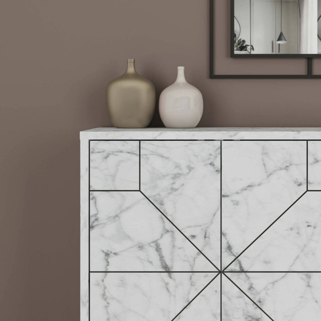 Credenza Brunale, Buffet da soggiorno, Madia da salotto, Dispensa da cucina, 123x35h62 cm, Bianco Marmo