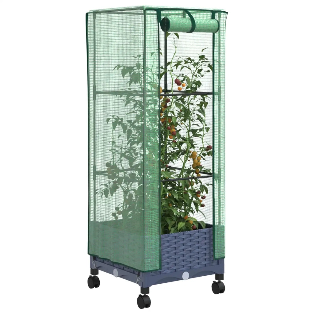 Vaso da Giardino con Copertura per Serra e Ruote Blu Grigio PP 3422926