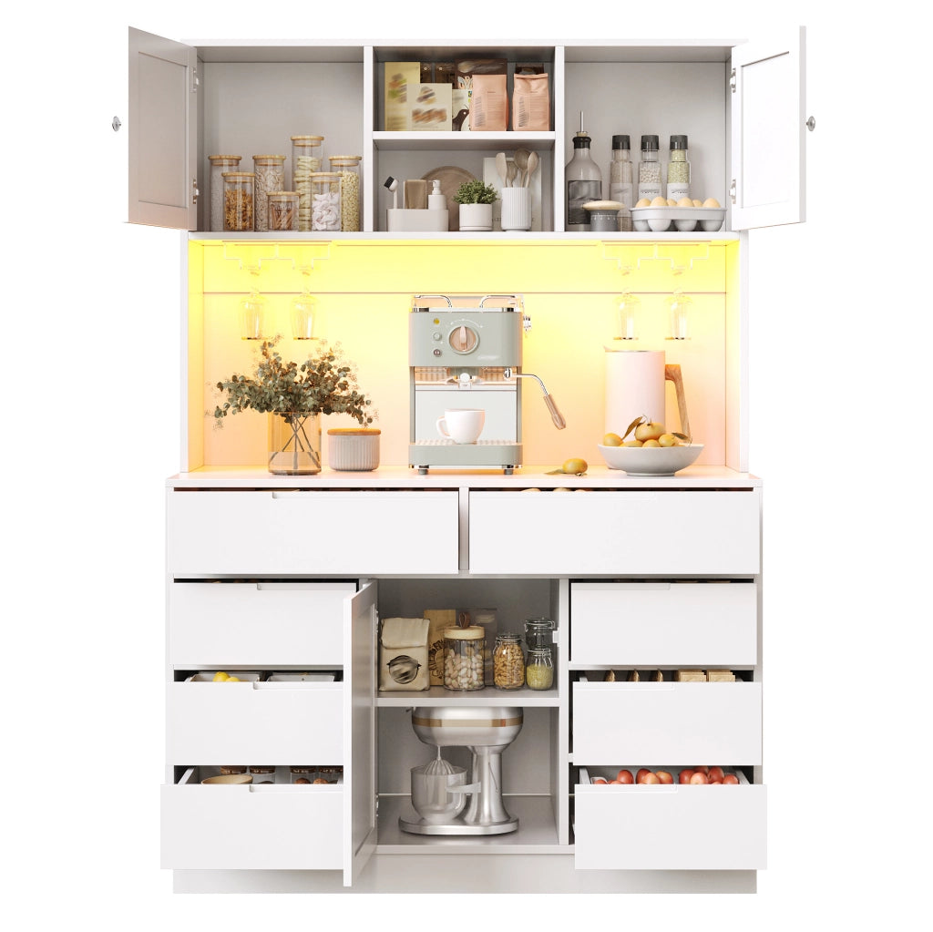Mobile colonna cucina bianco con LED smart, 8 cassetti e ripiani regolabili, 120×40×183,5 cm