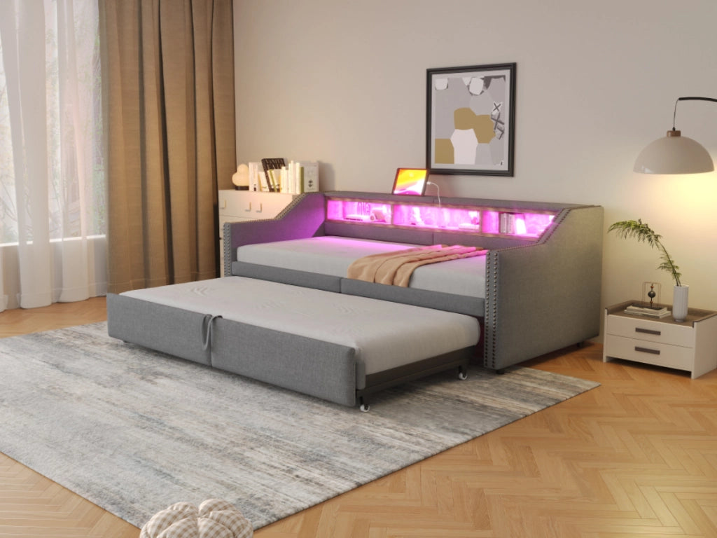 DESMIU Letto estraibile 90 × 200 cm 2 posti con USB, LED, ripiani e 180 × 200 cm, senza materasso