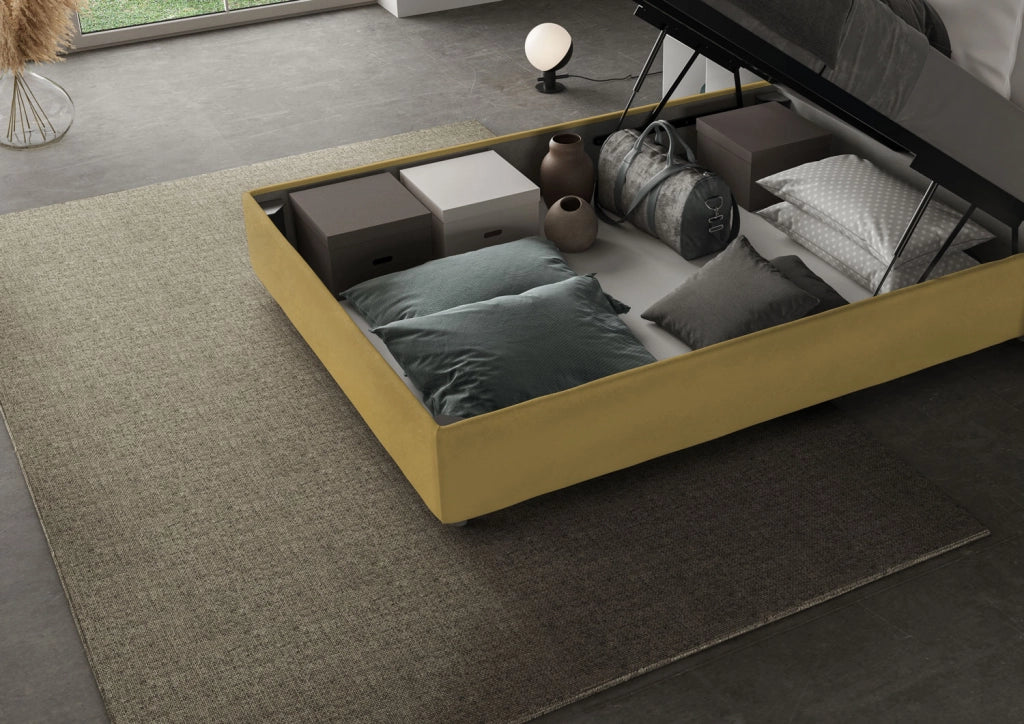 BS COM Letto matrimoniale francese contenitore imbottito 140x210 microfibra ocra Large