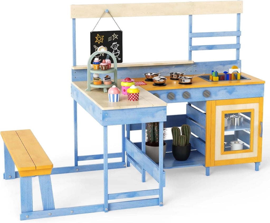 Cucina Giocattolo per Giardino con Tavolo e Panchina da Picnic, Cucina per Bambini in Legno di Abete con Fornelli, Lavandino, Lavagna e Forno, con 17 Accessori, 150 x 71 x 98 cm (Blu)
